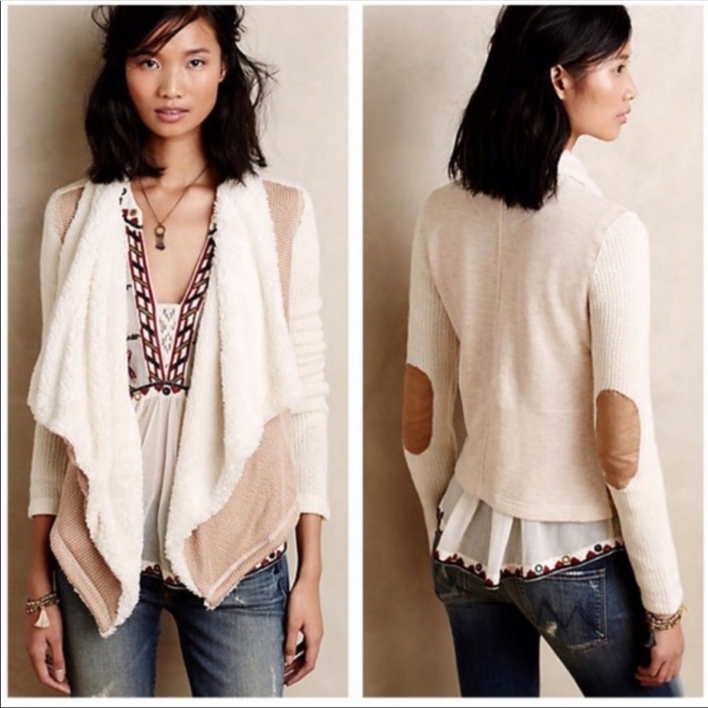 Anthropologie Cream and Tan Open-Front Mixed Knit Cardigan